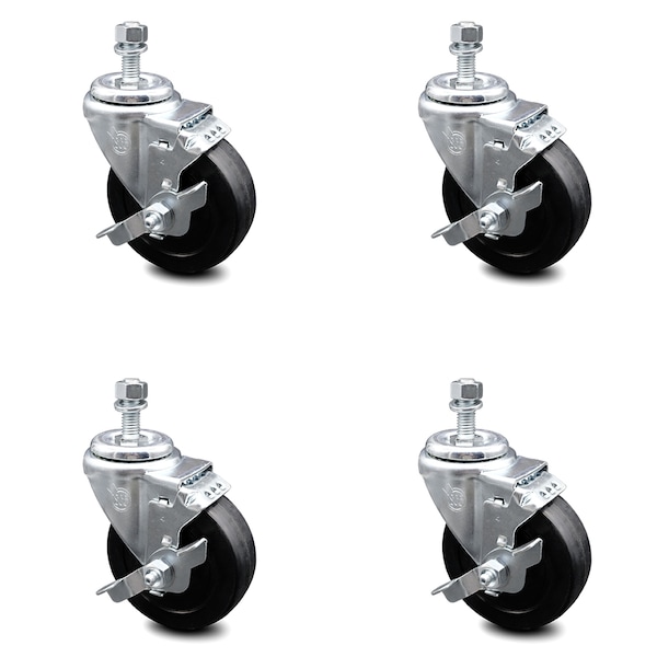 4 Inch Soft Rubber Wheel Swivel 12mm Threaded Stem Caster Set with Brake SCC